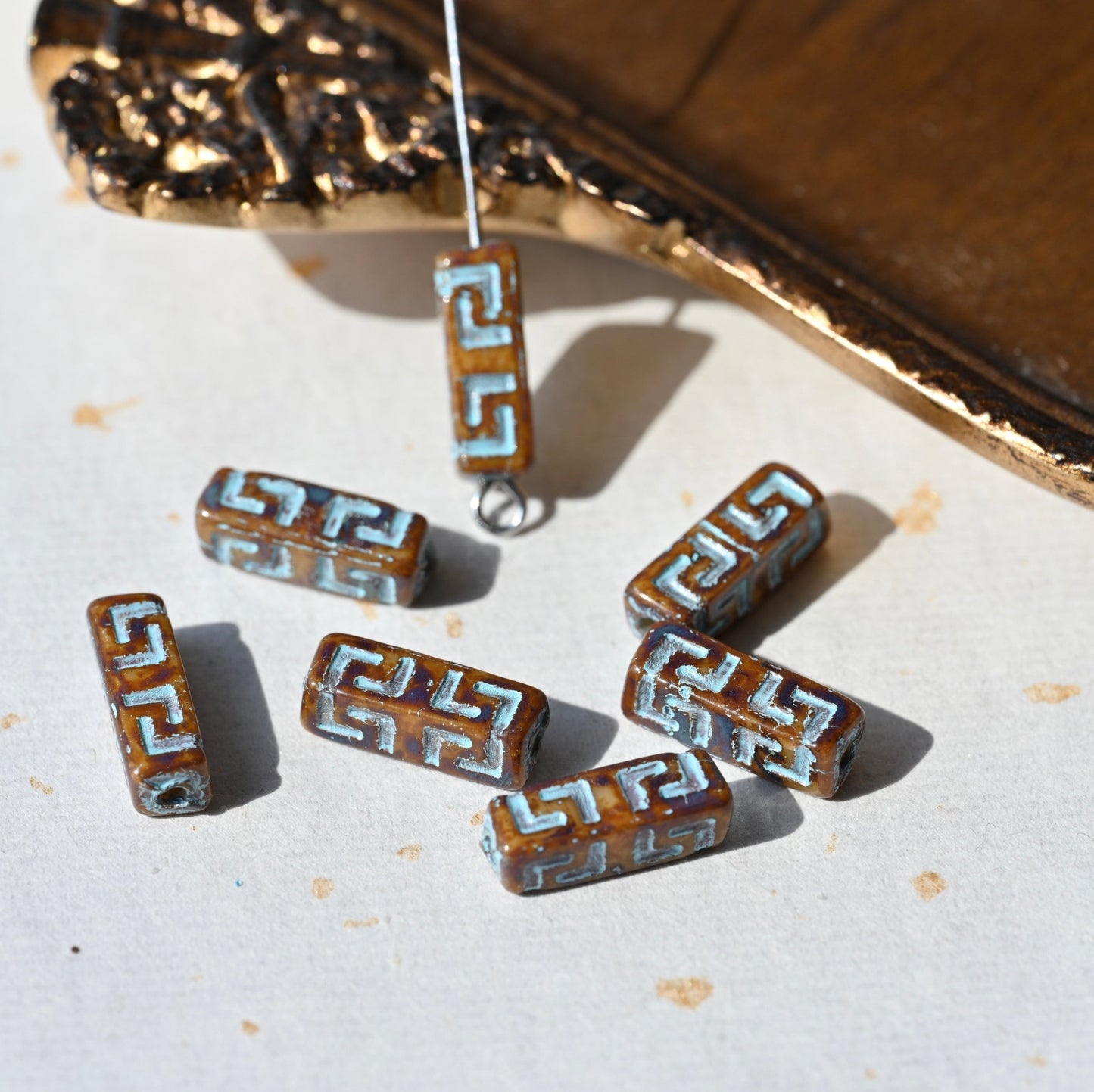 Czech Glass Beads Painted Blue Series 2/5pcs – Nature, Floral, Geometric Shapes for DIY Jewelry Making - BEADIFUL