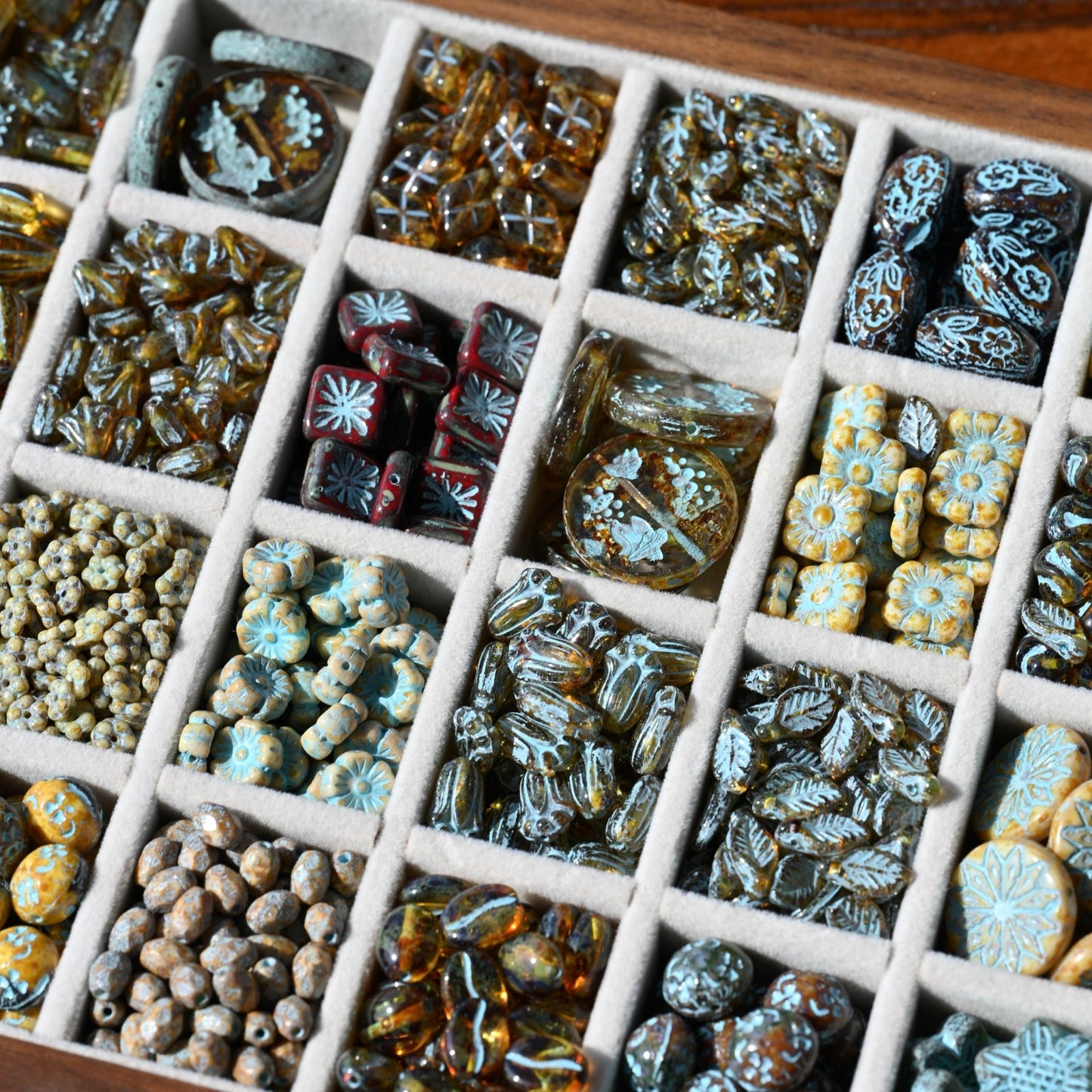 Czech Glass Beads Painted Blue Series 2/5pcs – Nature, Floral, Geometric Shapes for DIY Jewelry Making - BEADIFUL