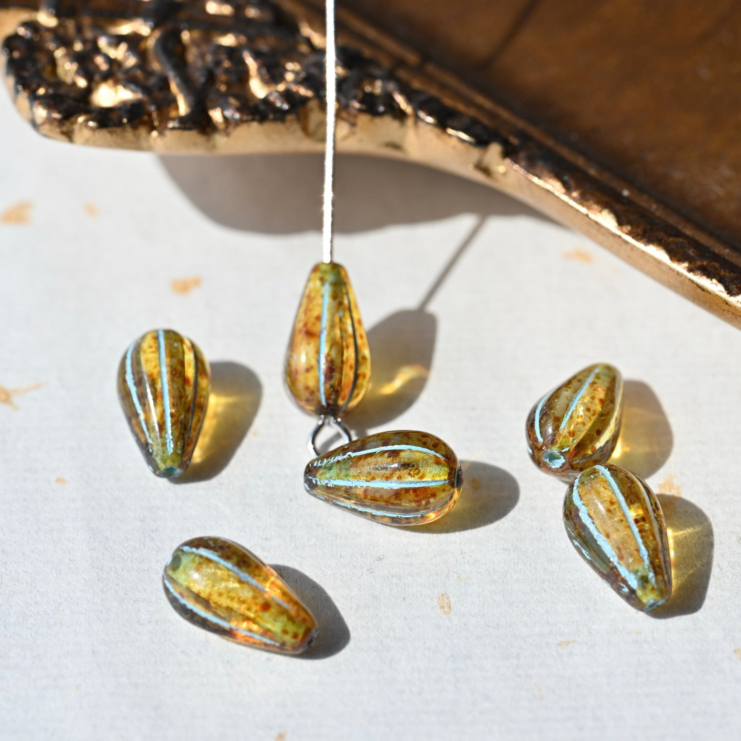 Czech Glass Beads Painted Blue Series 2/5pcs – Nature, Floral, Geometric Shapes for DIY Jewelry Making - BEADIFUL