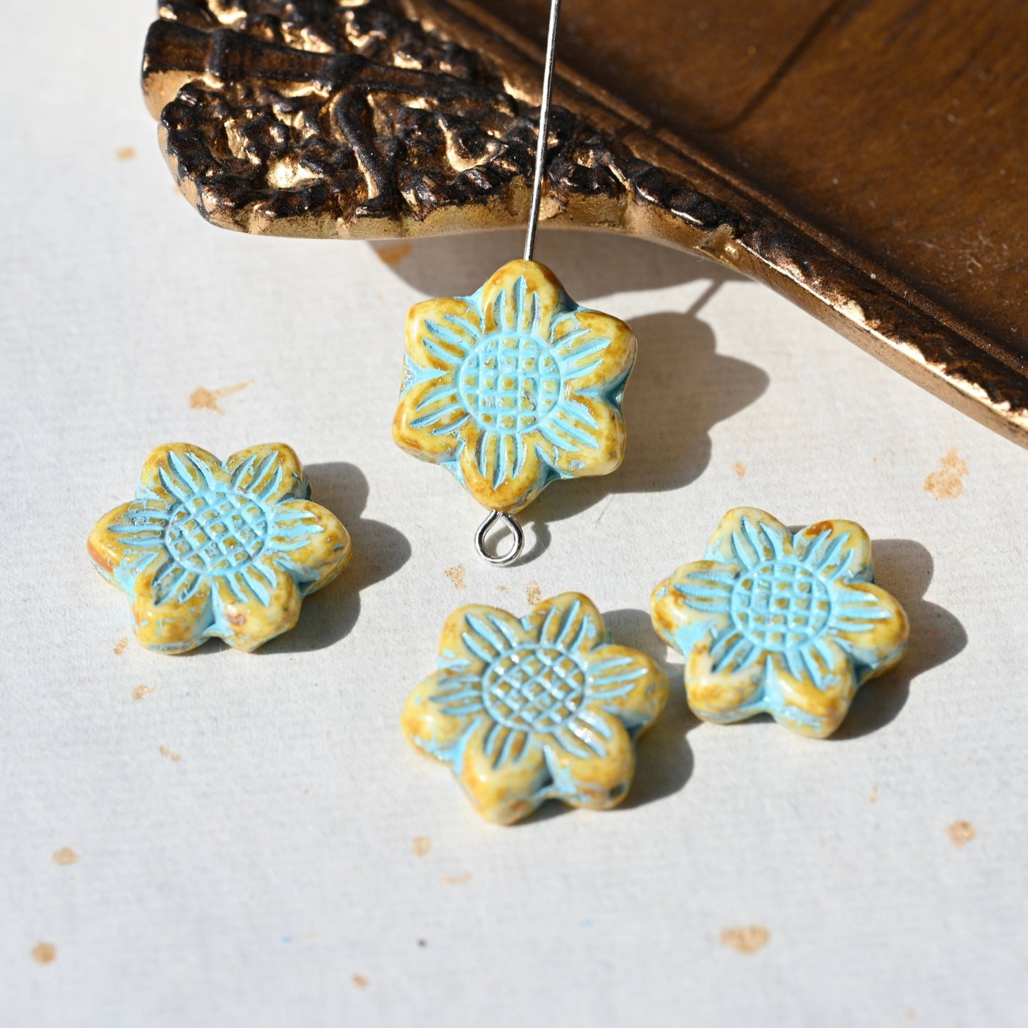 Czech Glass Beads Painted Blue Series 2/5pcs – Nature, Floral, Geometric Shapes for DIY Jewelry Making - BEADIFUL