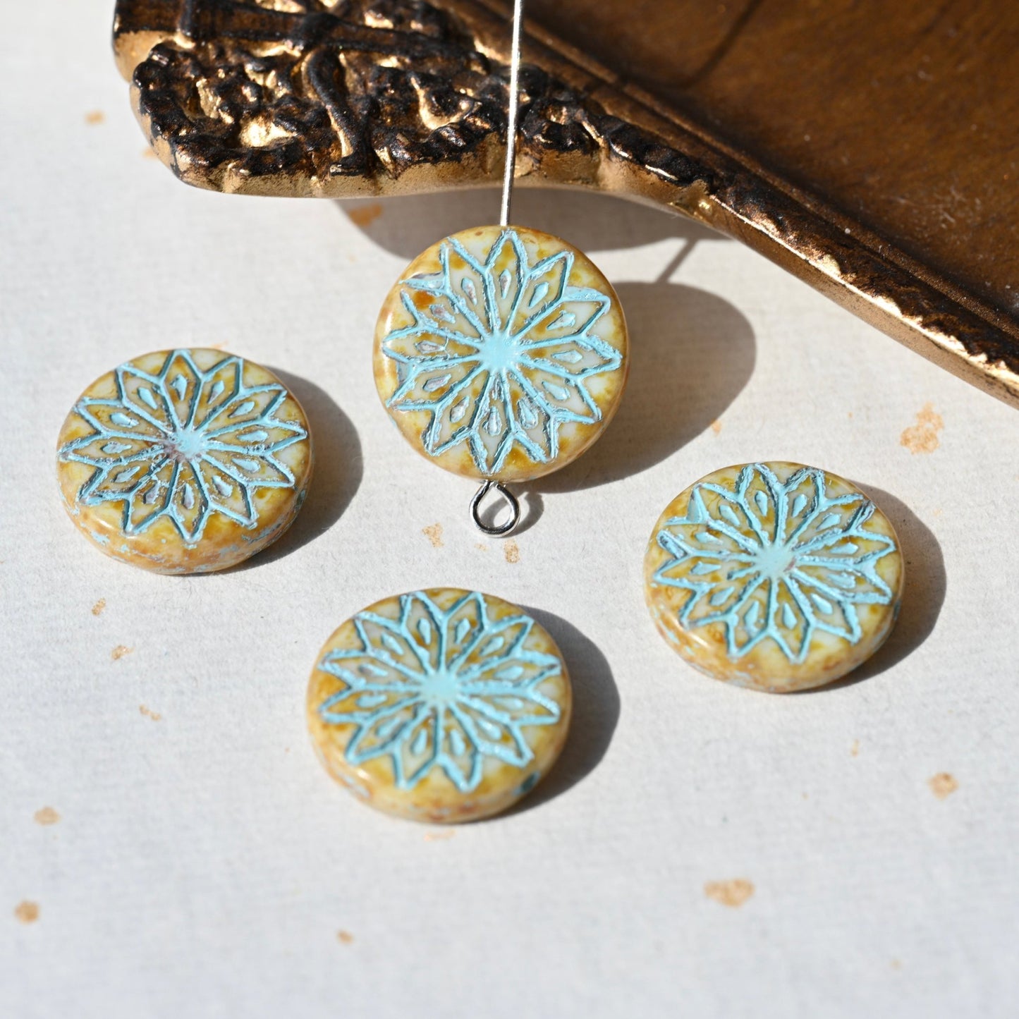 Czech Glass Beads Painted Blue Series 2/5pcs – Nature, Floral, Geometric Shapes for DIY Jewelry Making - BEADIFUL