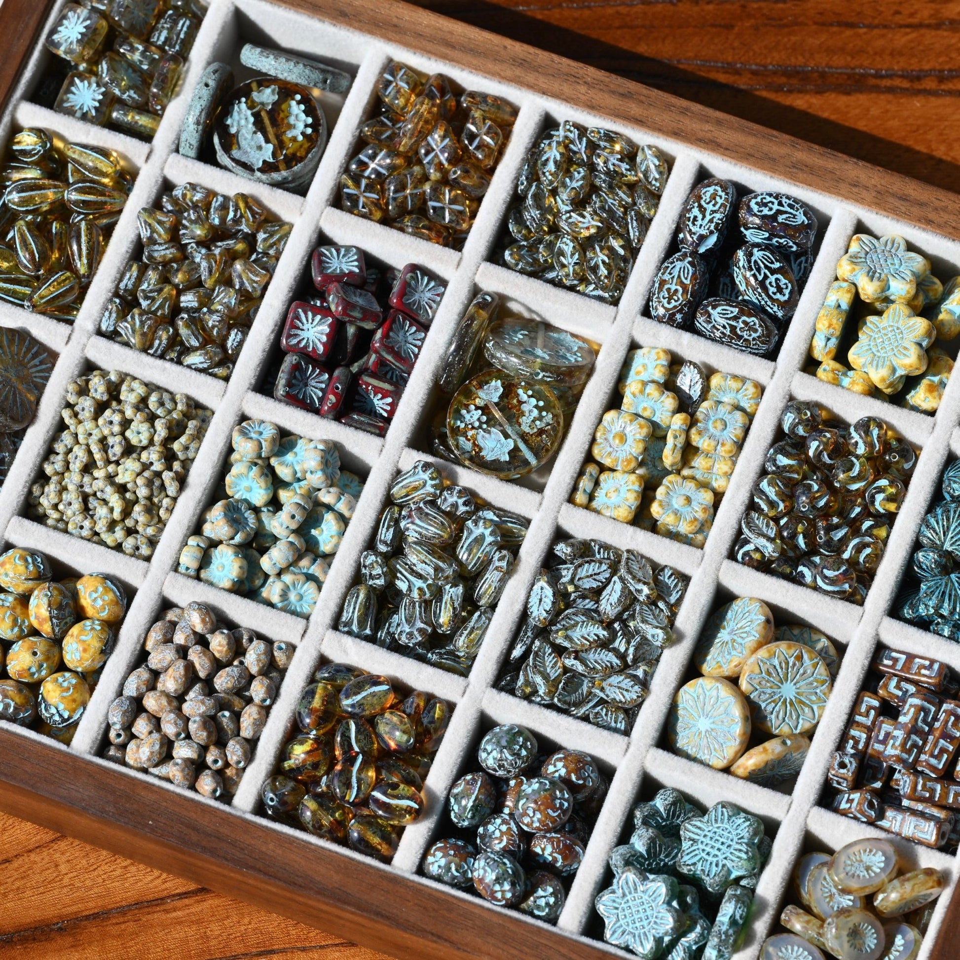 Czech Glass Beads Painted Blue Series 2/5pcs – Nature, Floral, Geometric Shapes for DIY Jewelry Making - BEADIFUL