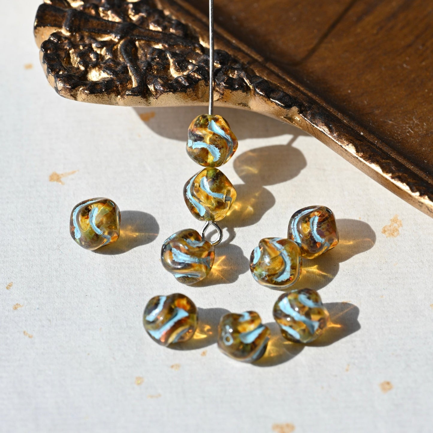 Czech Glass Beads Painted Blue Series 2/5pcs – Nature, Floral, Geometric Shapes for DIY Jewelry Making - BEADIFUL