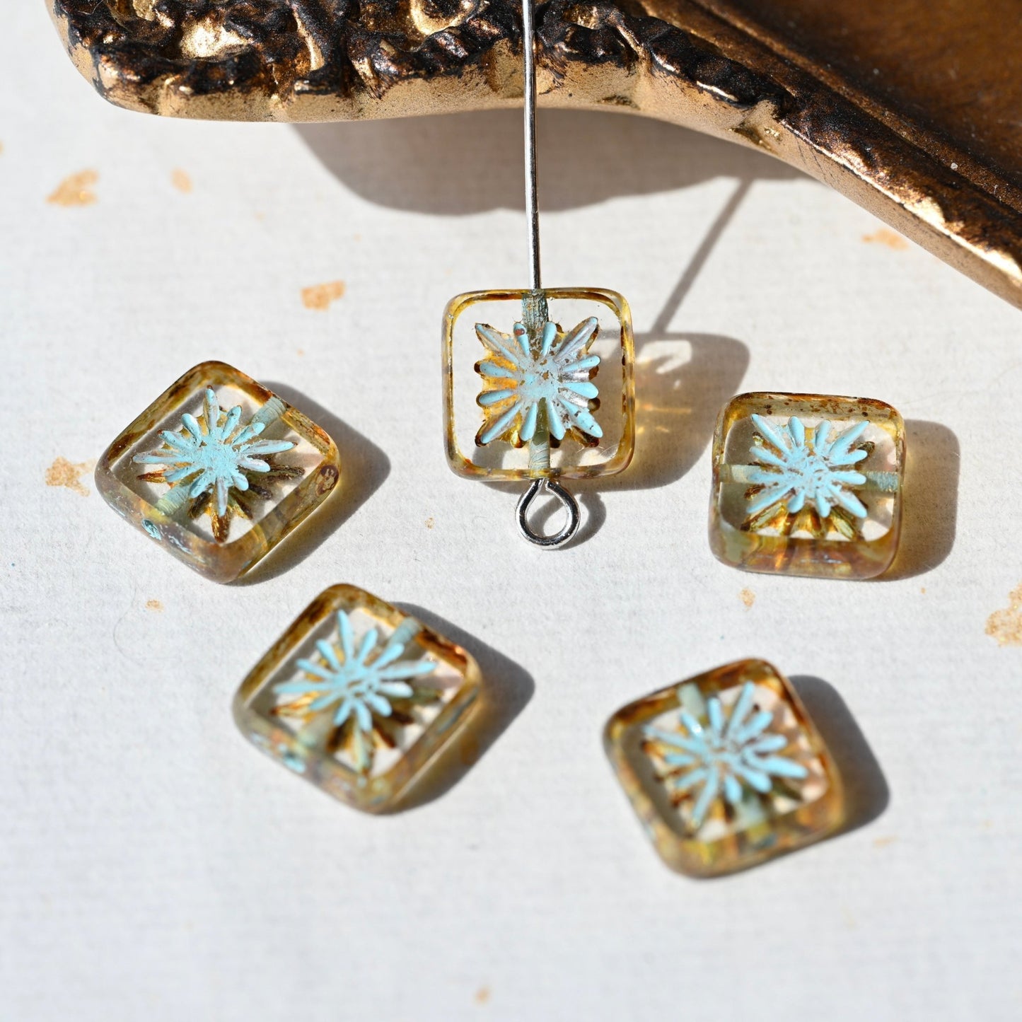 Czech Glass Beads Painted Blue Series 2/5pcs – Nature, Floral, Geometric Shapes for DIY Jewelry Making - BEADIFUL