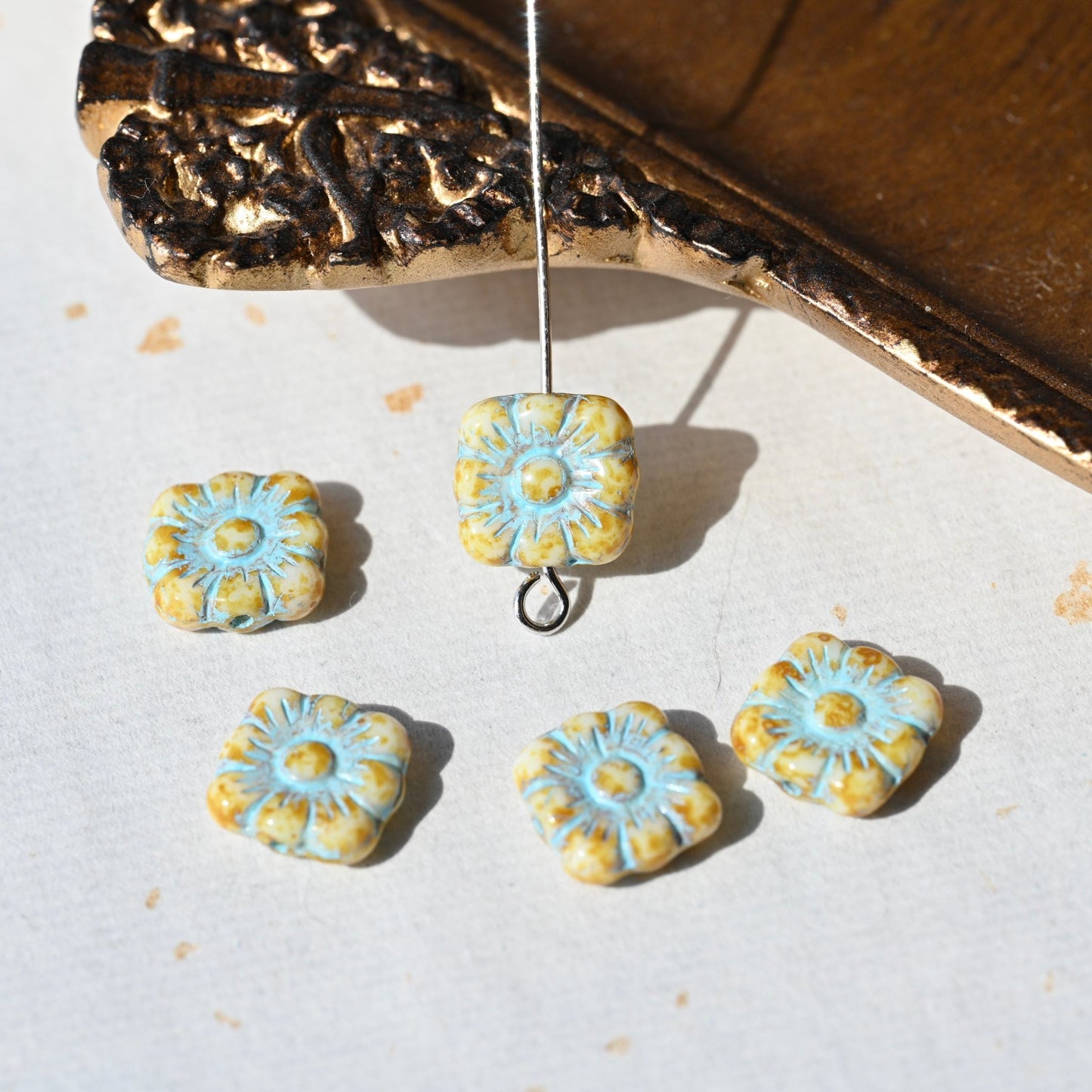 Czech Glass Beads Painted Blue Series 2/5pcs – Nature, Floral, Geometric Shapes for DIY Jewelry Making - BEADIFUL