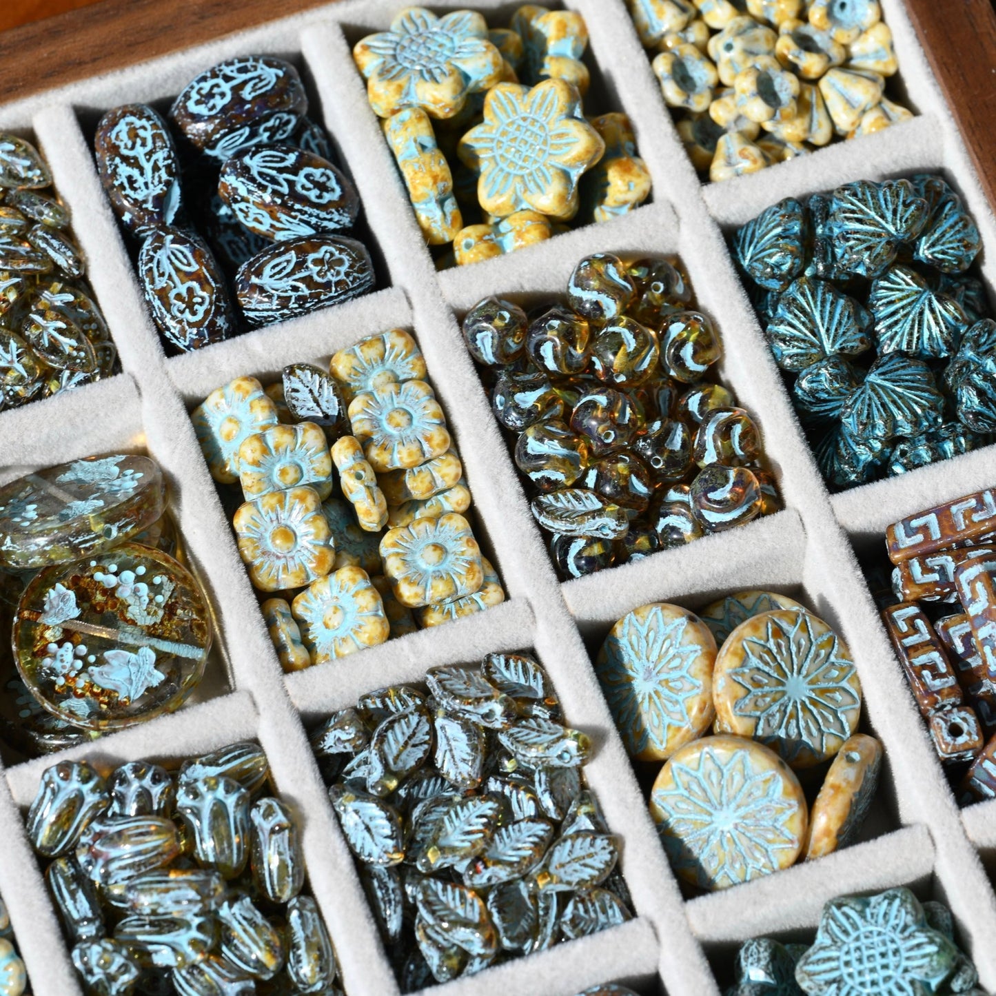 Czech Glass Beads Painted Blue Series 2/5pcs – Nature, Floral, Geometric Shapes for DIY Jewelry Making - BEADIFUL