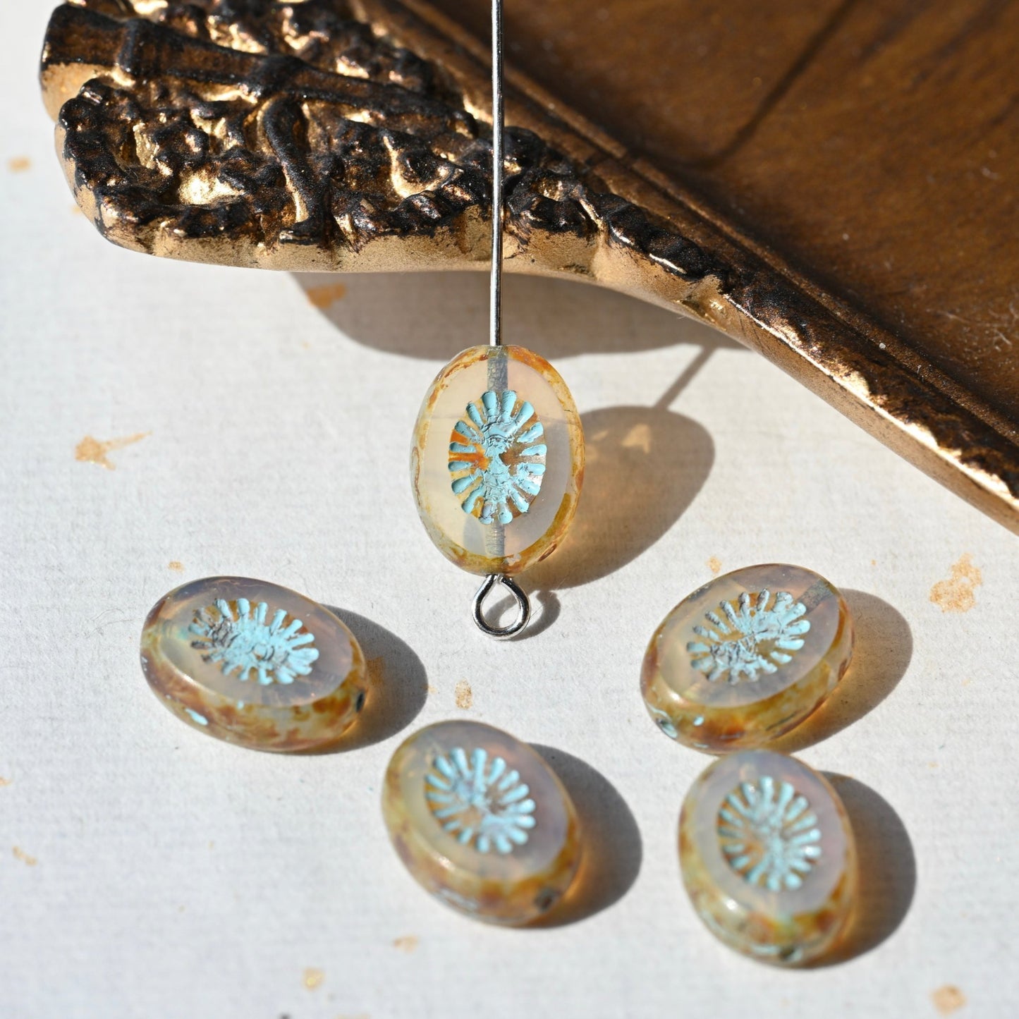 Czech Glass Beads Painted Blue Series 2/5pcs – Nature, Floral, Geometric Shapes for DIY Jewelry Making - BEADIFUL