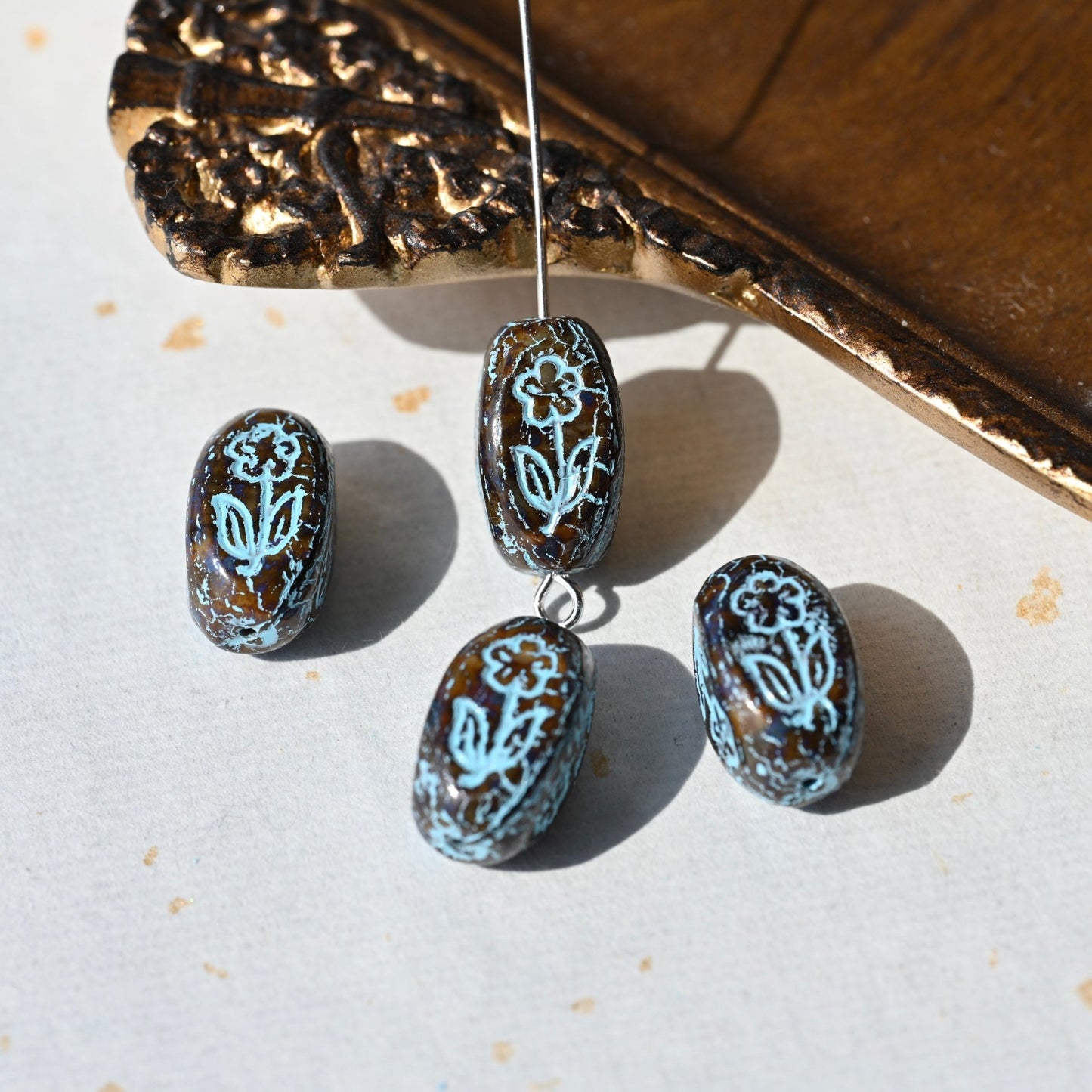 Czech Glass Beads Painted Blue Series 2/5pcs – Nature, Floral, Geometric Shapes for DIY Jewelry Making - BEADIFUL