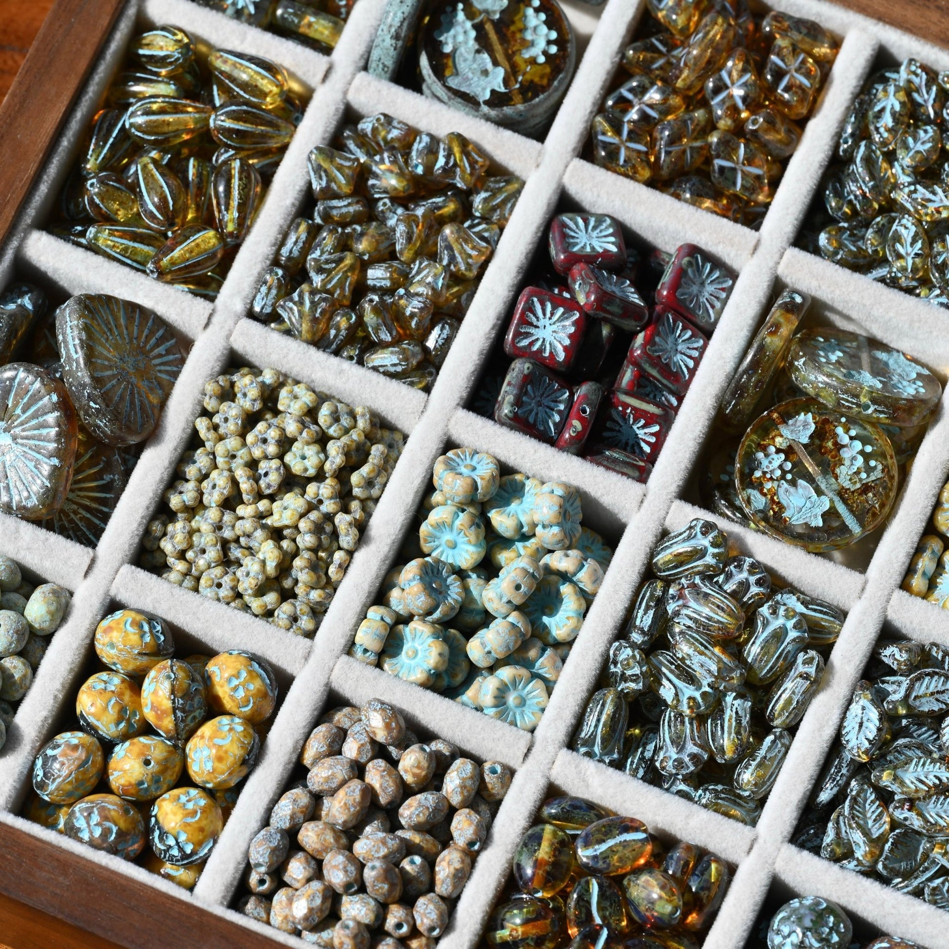 Czech Glass Beads Painted Blue Series 2/5pcs – Nature, Floral, Geometric Shapes for DIY Jewelry Making - BEADIFUL