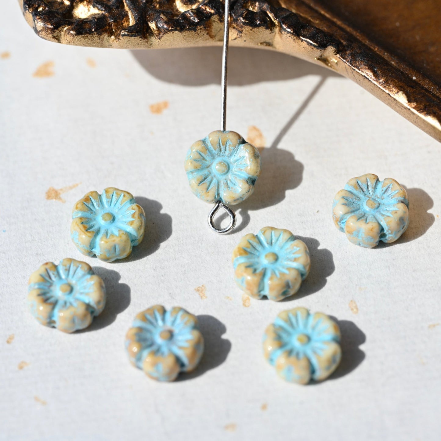 Czech Glass Beads Painted Blue Series 2/5pcs – Nature, Floral, Geometric Shapes for DIY Jewelry Making - BEADIFUL