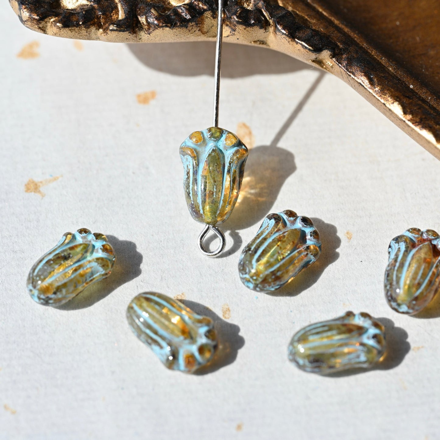 Czech Glass Beads Painted Blue Series 2/5pcs – Nature, Floral, Geometric Shapes for DIY Jewelry Making - BEADIFUL